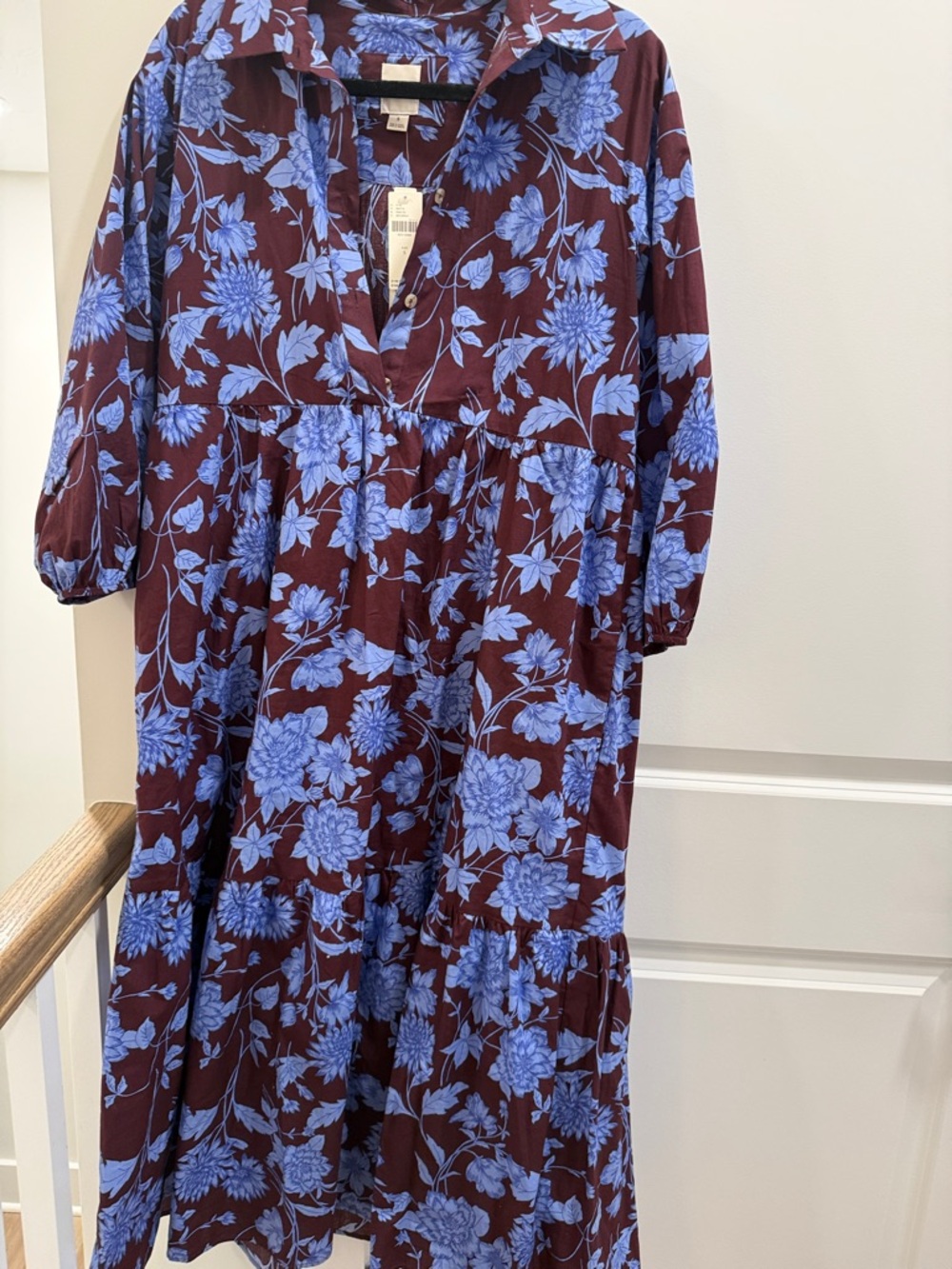 Floral Print Tiered Midi Dress in Blue on Brown